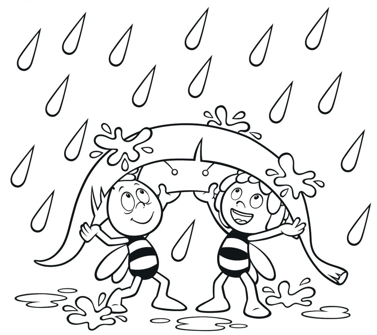 Kleurplaat Maya en Willy in de regen