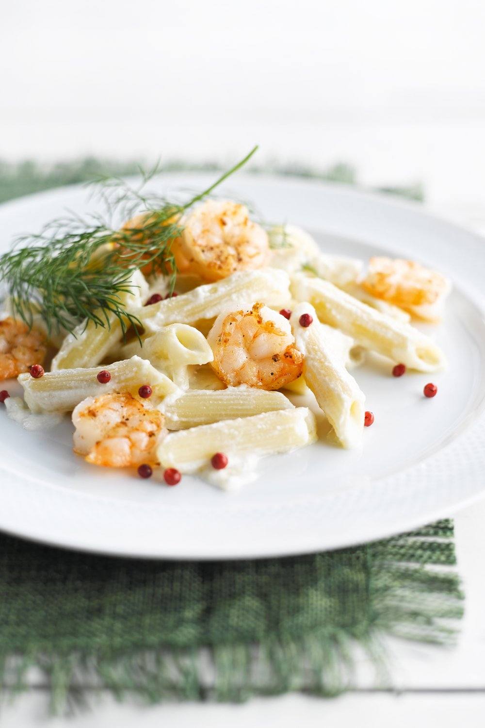 Penne met mascarpone en scampi