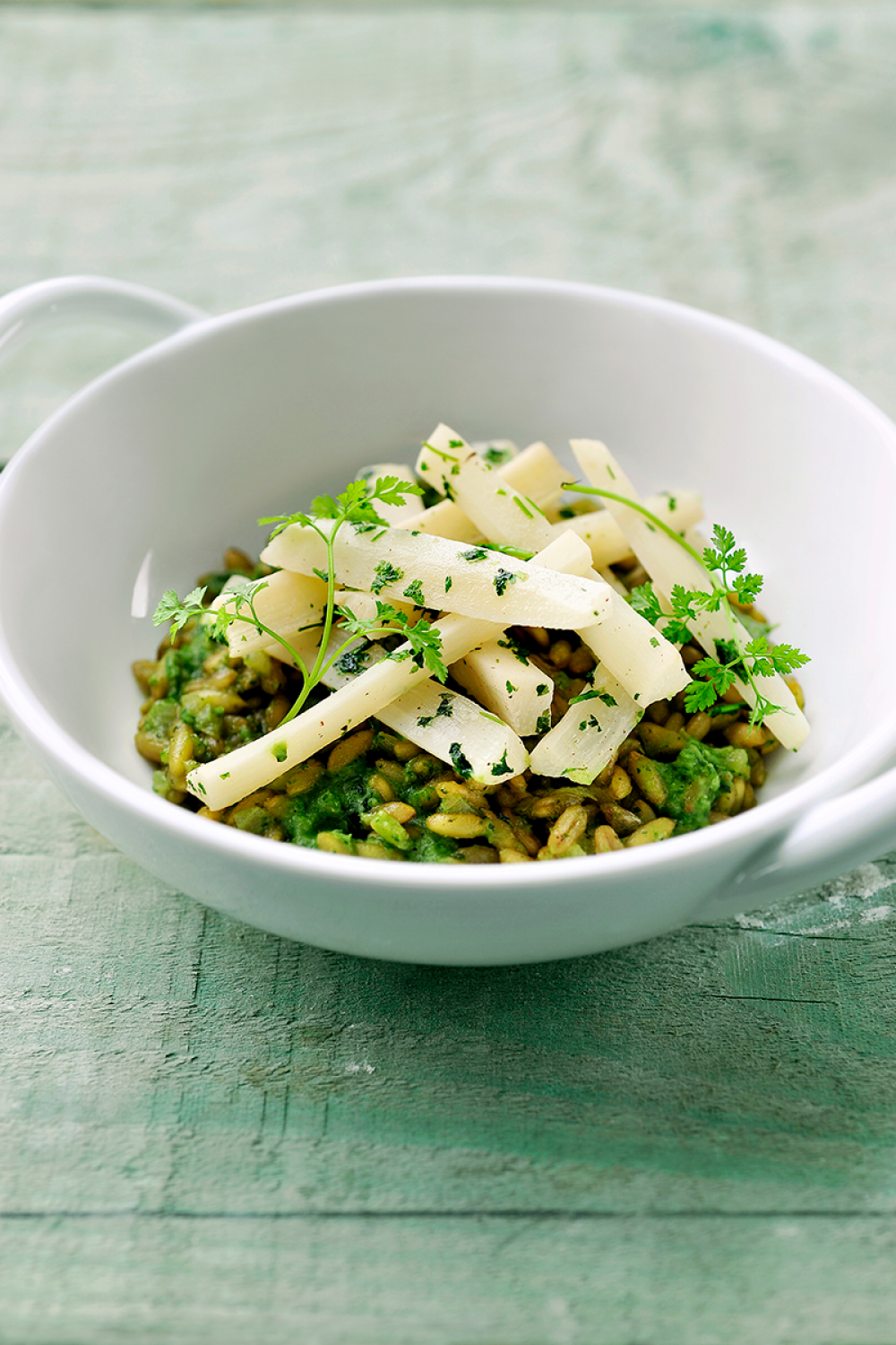 Risotto 'al farro' met tuinkruiden en schorseneren