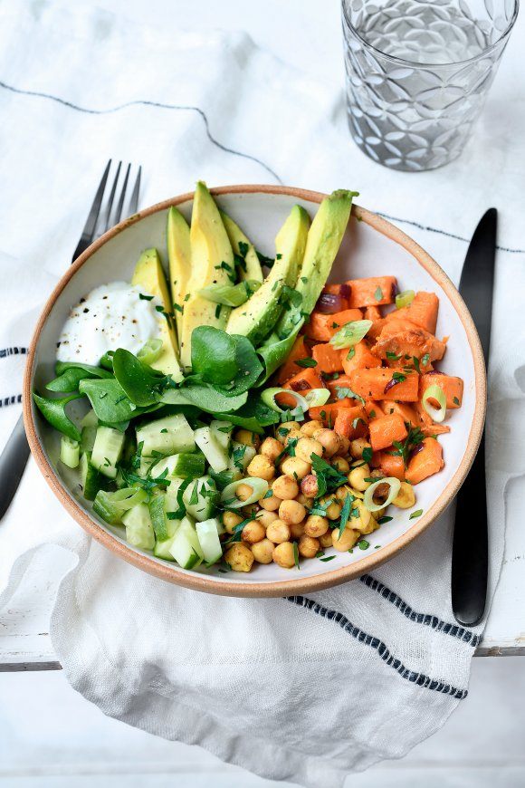 Lunchbowl met zoete aardappel, kikkererwten en avocado