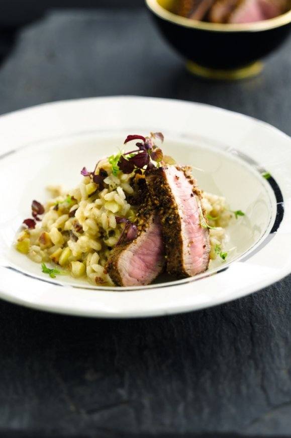 Pepersteak met risotto en kastanjes