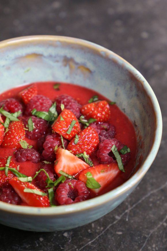 Yoghurtmousse met een coulis van rood fruit 