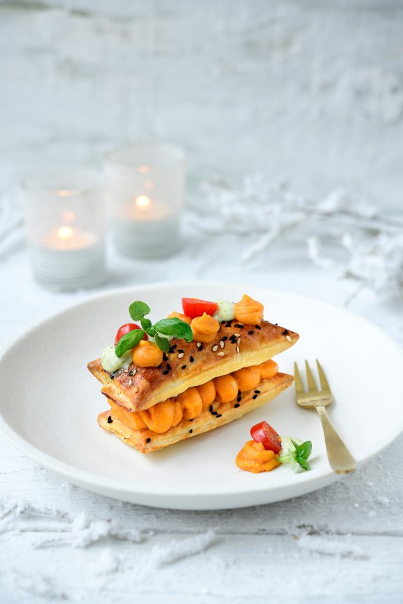 Hartige millefeuille met zoete aardappel