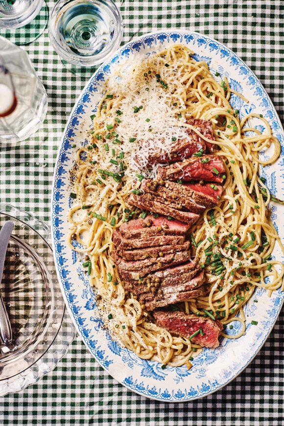 Spaghetti steak met pepersaus