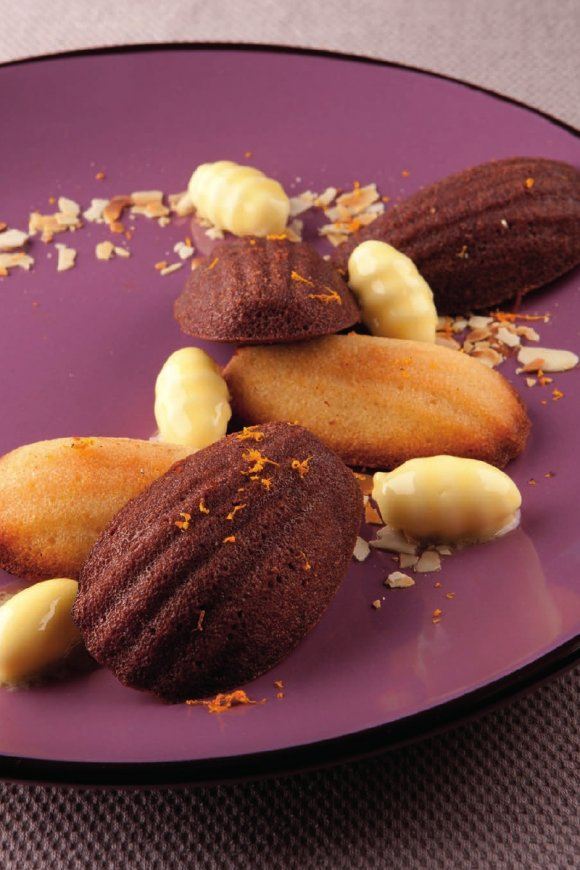 Madeleine van speculaas, chocolade en sinaasappel