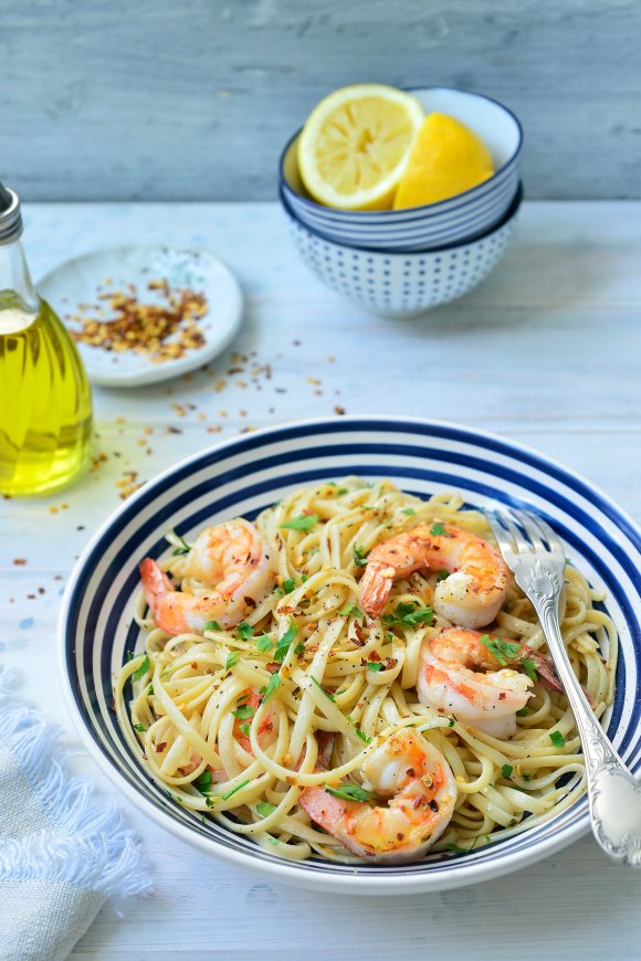 Pasta aglio e olio met scampi