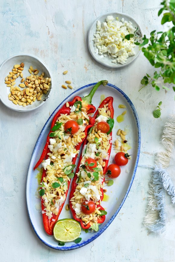 Gevulde puntpaprika met Griekse pasta