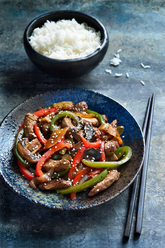 Rundsreepjes teriyaki met rijst